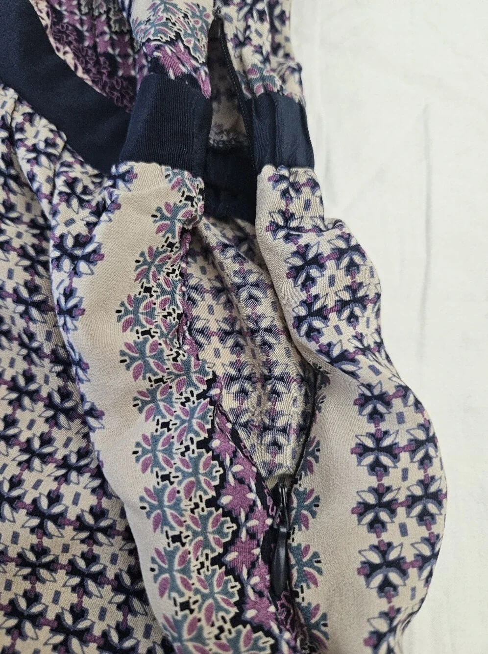 100 % Silk Daniel Rainn Navy, Cream and Purple V-Neck Patterned Tunic